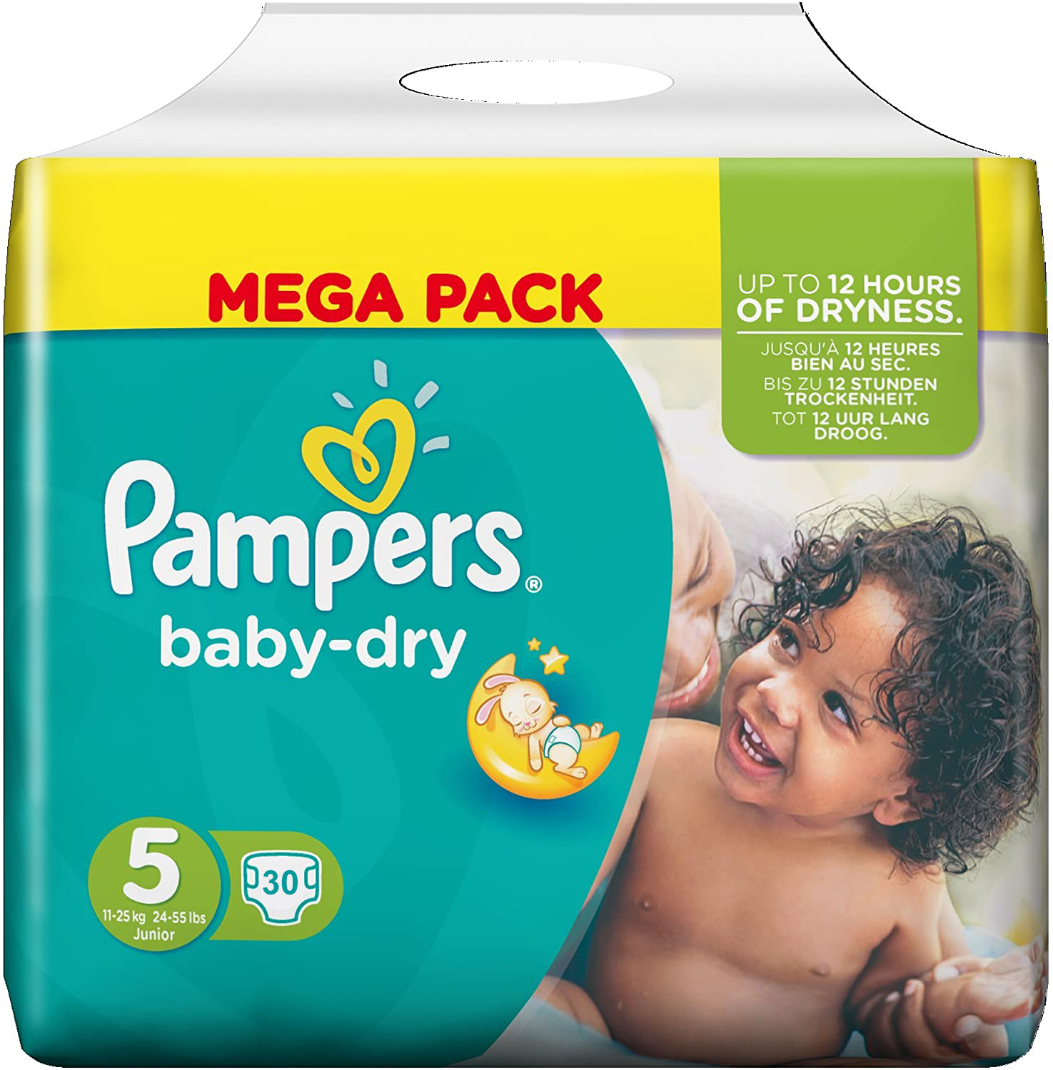 Pampers Baby Dry Taille 5, 26 couches, jusqu'à 12 heures de protection  contre les fuites, 11 kg à 16 kg.